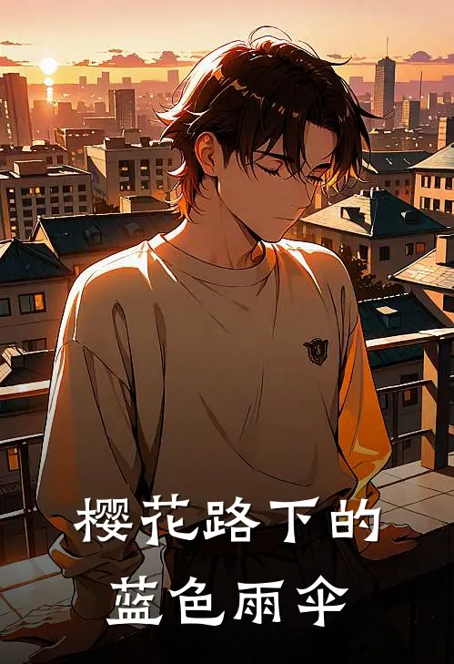 樱花路下的蓝色雨伞